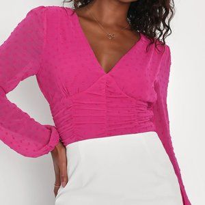 Lulus Essential Look Magenta Clip Dot Ruched Long Sleeve Top